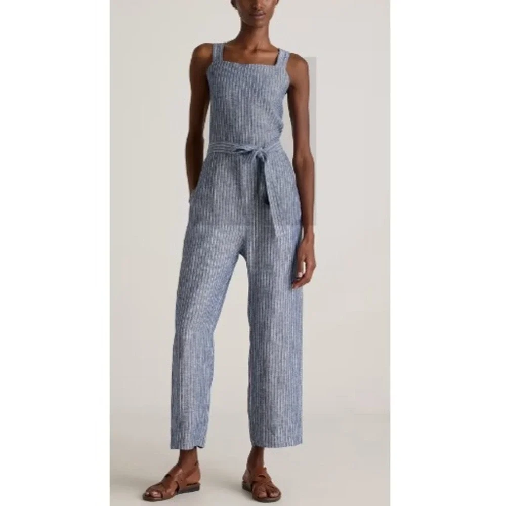 Quince Women's Chambray Stripe European Linen Square Neck Jumpsuit Size M NWT